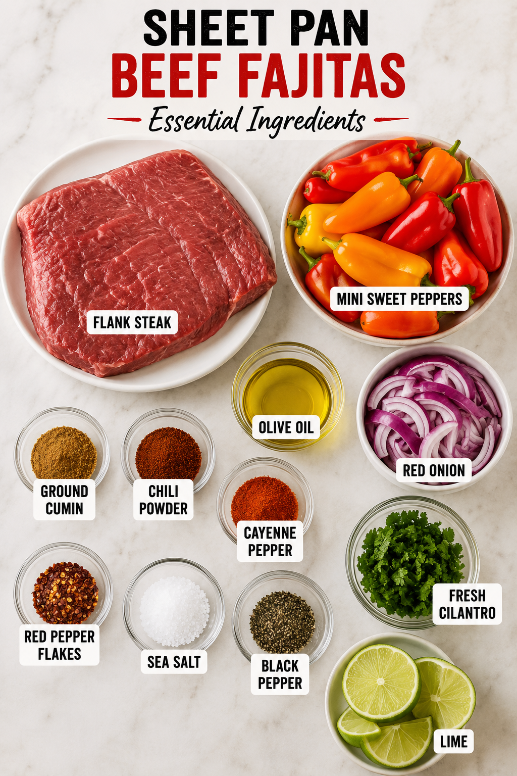 Essential ingredients for sheet pan beef fajitas including flank steak, mini sweet peppers, red onion, olive oil, cumin, chili powder, cayenne, red pepper flakes, cilantro, lime, sea salt, and black pepper.