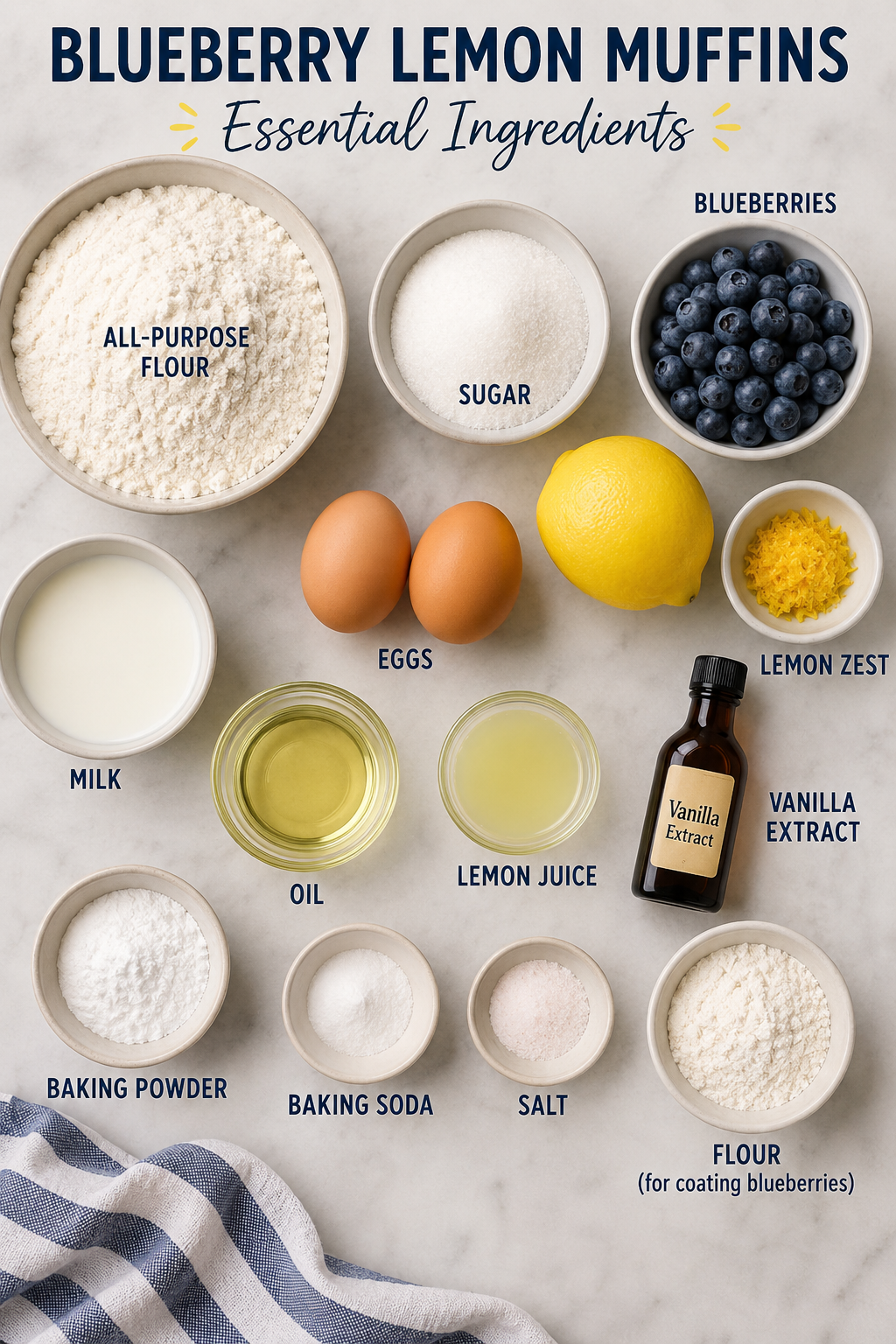 Blueberry lemon muffins essential ingredients flat lay with flour, sugar, blueberries, eggs, lemon, lemon zest, milk, oil, vanilla, baking powder, baking soda, and salt.