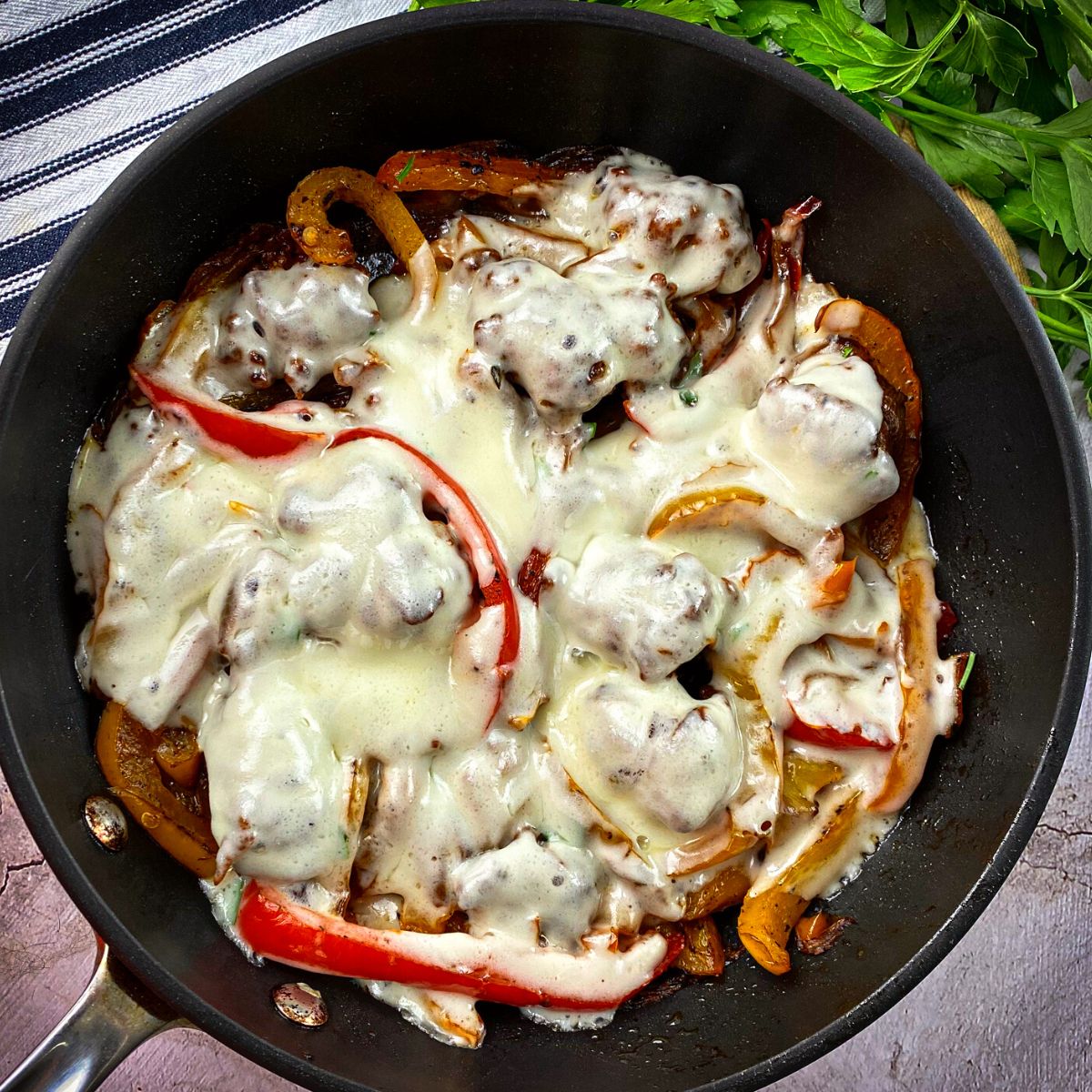 One Skillet Cheese Sausage and Pepper