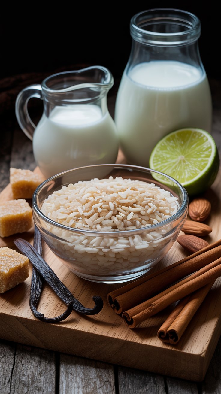 Ingredients for healthy Mexican horchata including white rice, cinnamon sticks, vanilla bean, almonds, sugar cubes, lime, and milk in glass pitchers on a wooden board.