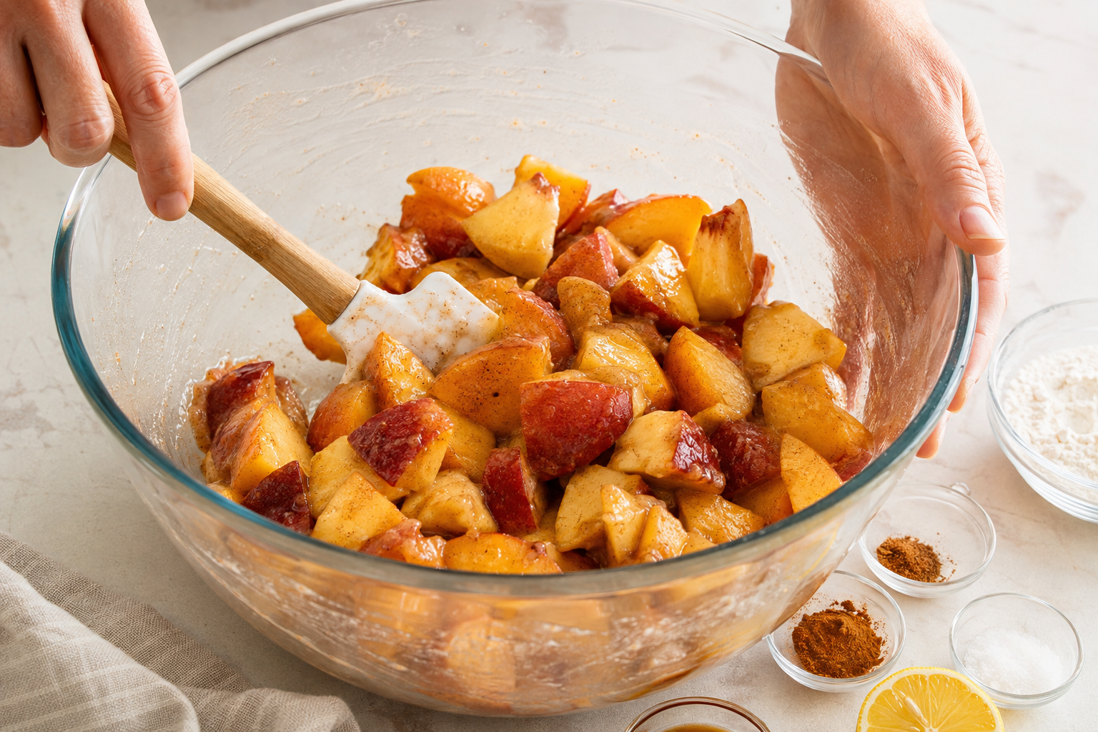 Chopped fresh peaches tossed with sugar, lemon juice, flour, cinnamon, nutmeg, and vanilla