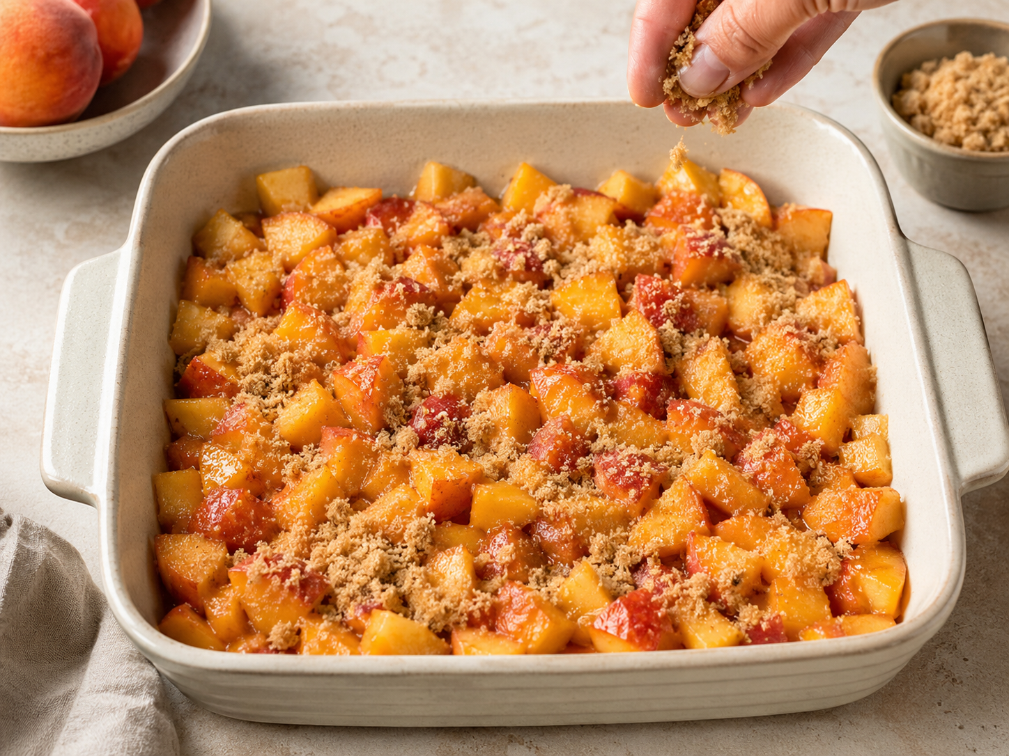 Peach mixture spread in a greased baking dish and sprinkled with brown sugar