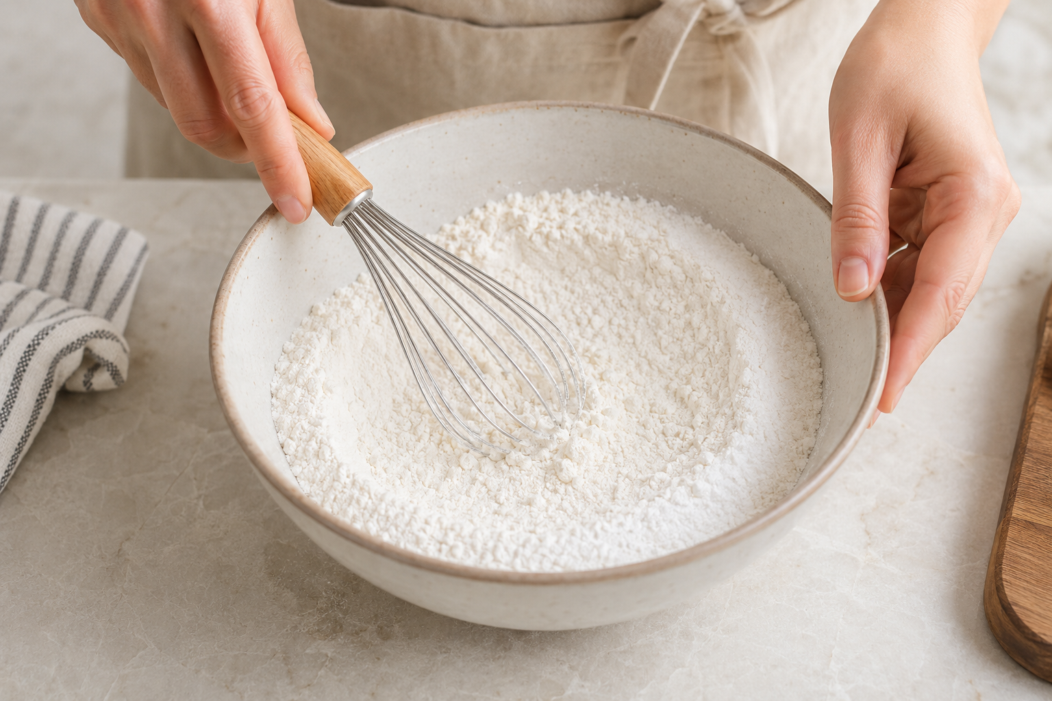 Flour, sugar, salt, and baking powder combined in a mixing bowl