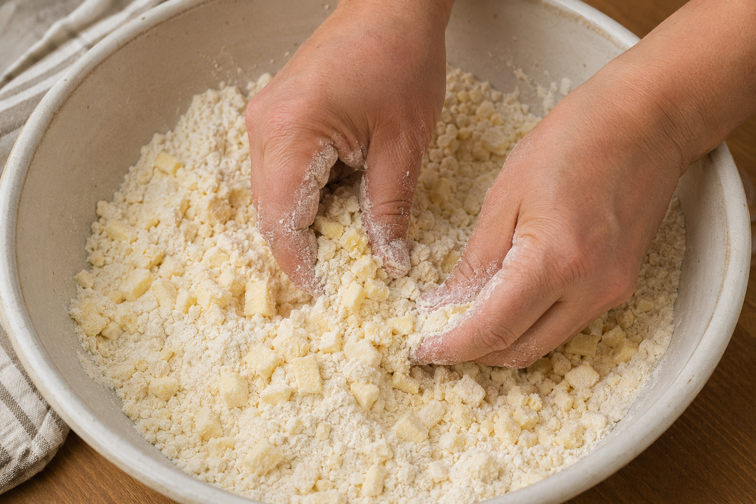 Cold butter worked into the flour mixture until small pebble-like pieces form