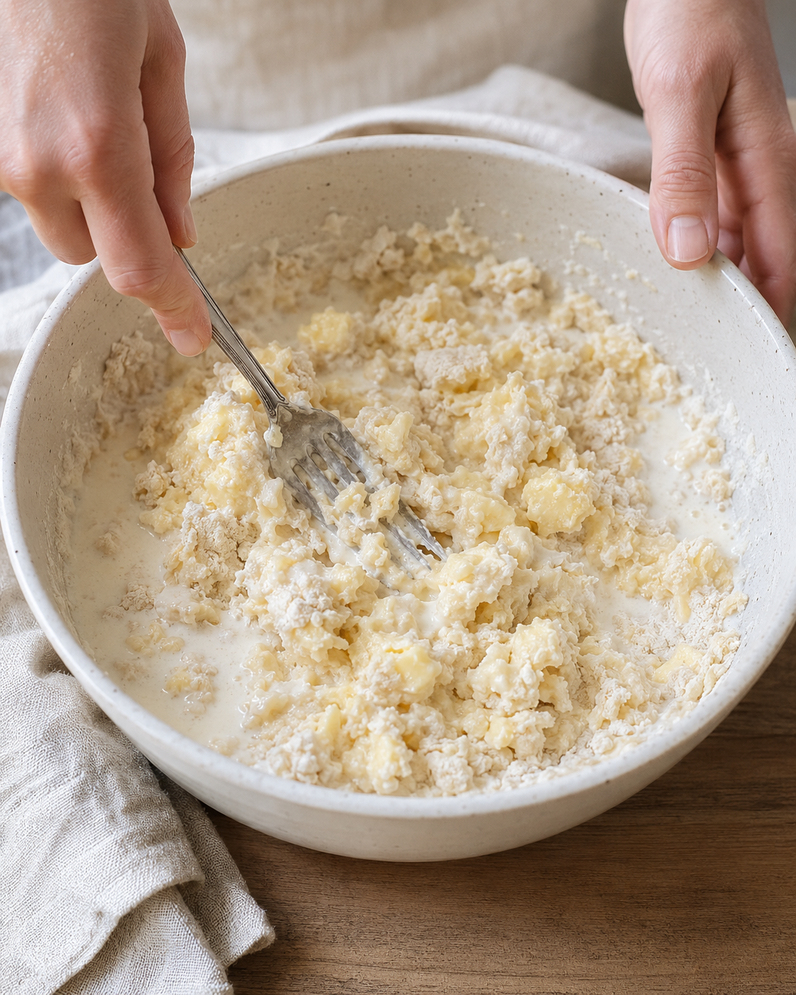 Heavy cream and water stirred into the flour mixture to make a moist, sticky cobbler dough