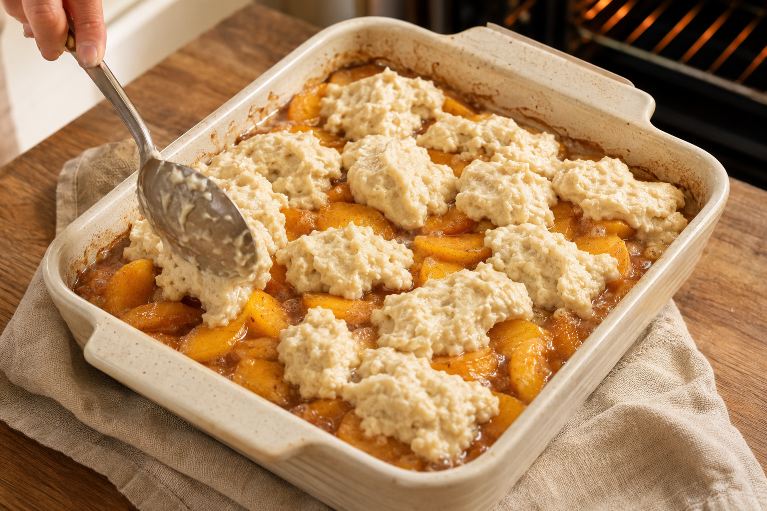 Rustic cobbler dough spooned evenly over the warm peach filling