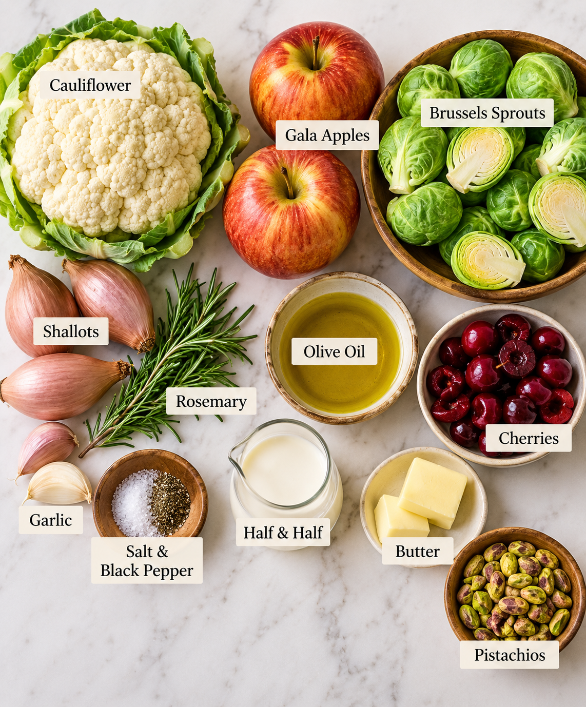 Ingredients for apple cauliflower mash with Brussels sprouts, apples, cherries and pistachios