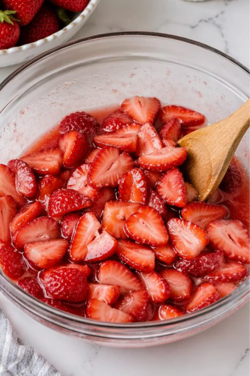 Fresh strawberries mixed with sugar to create syrup for homemade strawberry shortcake.