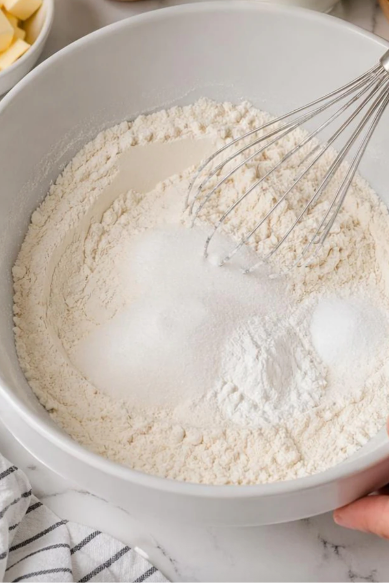 Dry ingredients (flour, sugar, baking powder, baking soda, salt) being whisked together for strawberry shortcake biscuits.