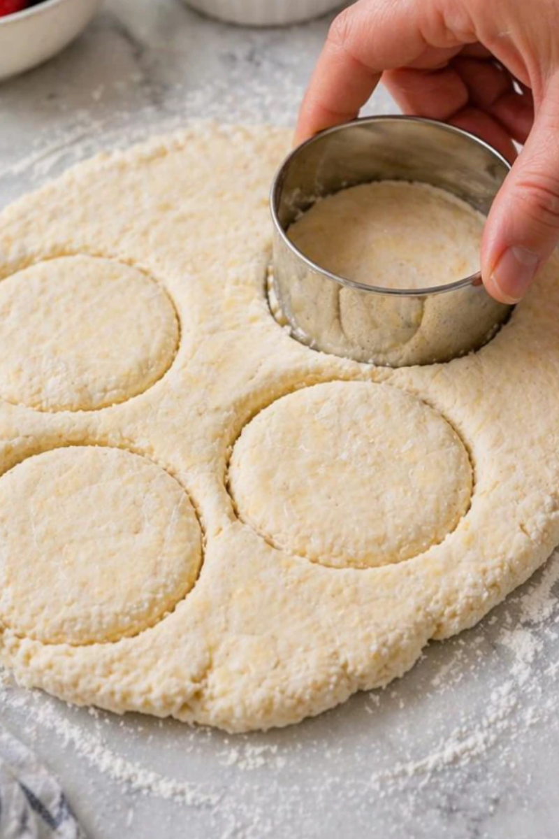  Biscuit dough being cut with a round cutter on a floured surface for strawberry shortcake.