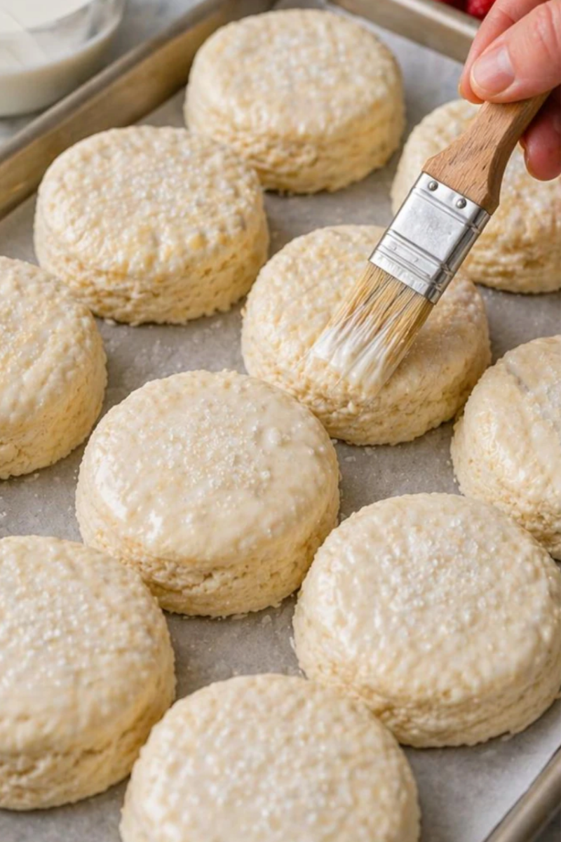 Unbaked strawberry shortcake biscuits on a baking sheet being brushed with cream before baking.