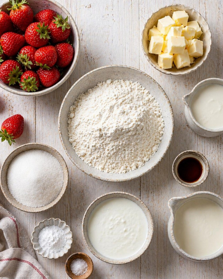 Ingredients for homemade strawberry shortcake including fresh strawberries, flour, butter, buttermilk, sugar, vanilla extract, and cream arranged on a white wooden surface.
