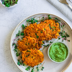 Sweet Potato Fritters, Creamy Guacamole, Microgreens