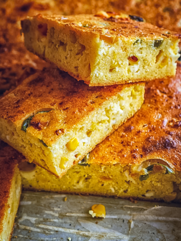 Homemade jalapeño cornbread served in a rustic dish