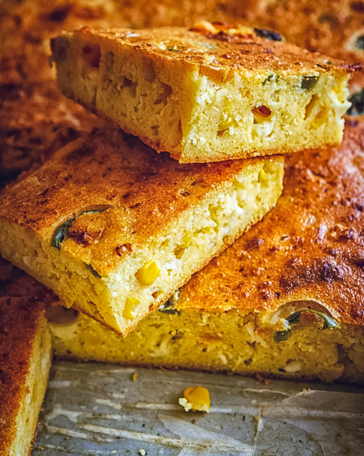 Homemade jalapeño cornbread served in a rustic dish