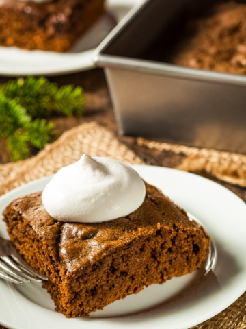 Delicious gingerbread cake topped with powdered sugar, showcasing warm spices and a moist texture, perfect for holiday gatherings.