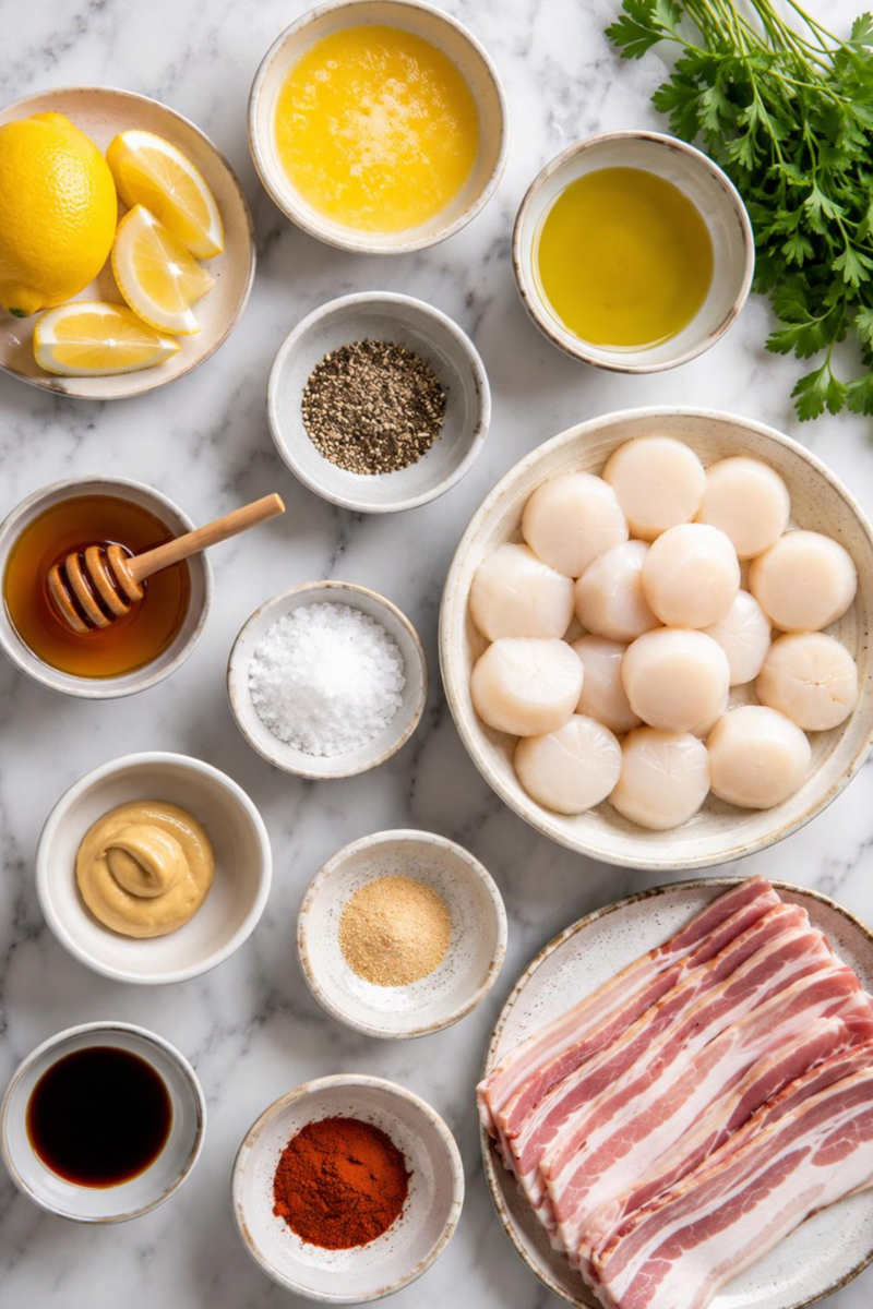 Ingredients for bacon wrapped scallops including sea scallops, bacon, butter, garlic, lemon juice, paprika, salt and pepper arranged on a countertop