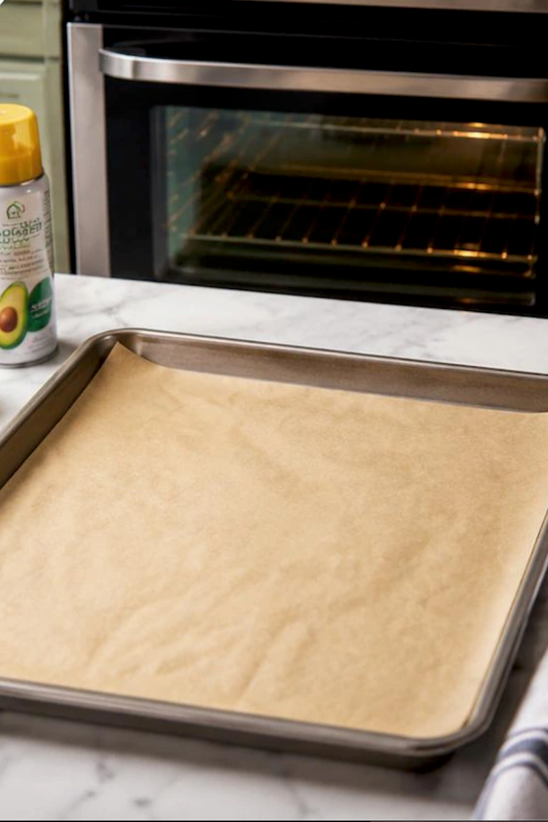 Baking sheet lined with parchment paper and prepared for bacon wrapped scallops