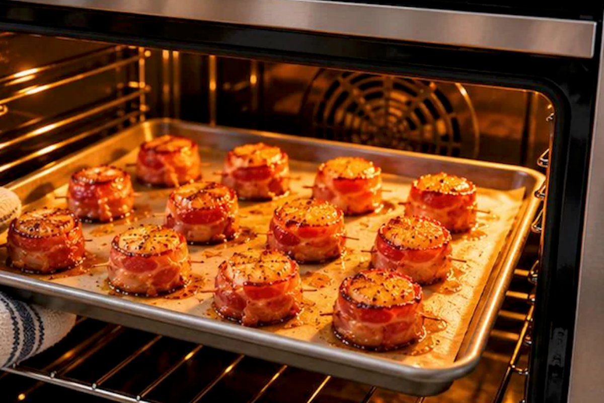 Bacon wrapped scallops baking in the oven until the bacon becomes crisp and golden