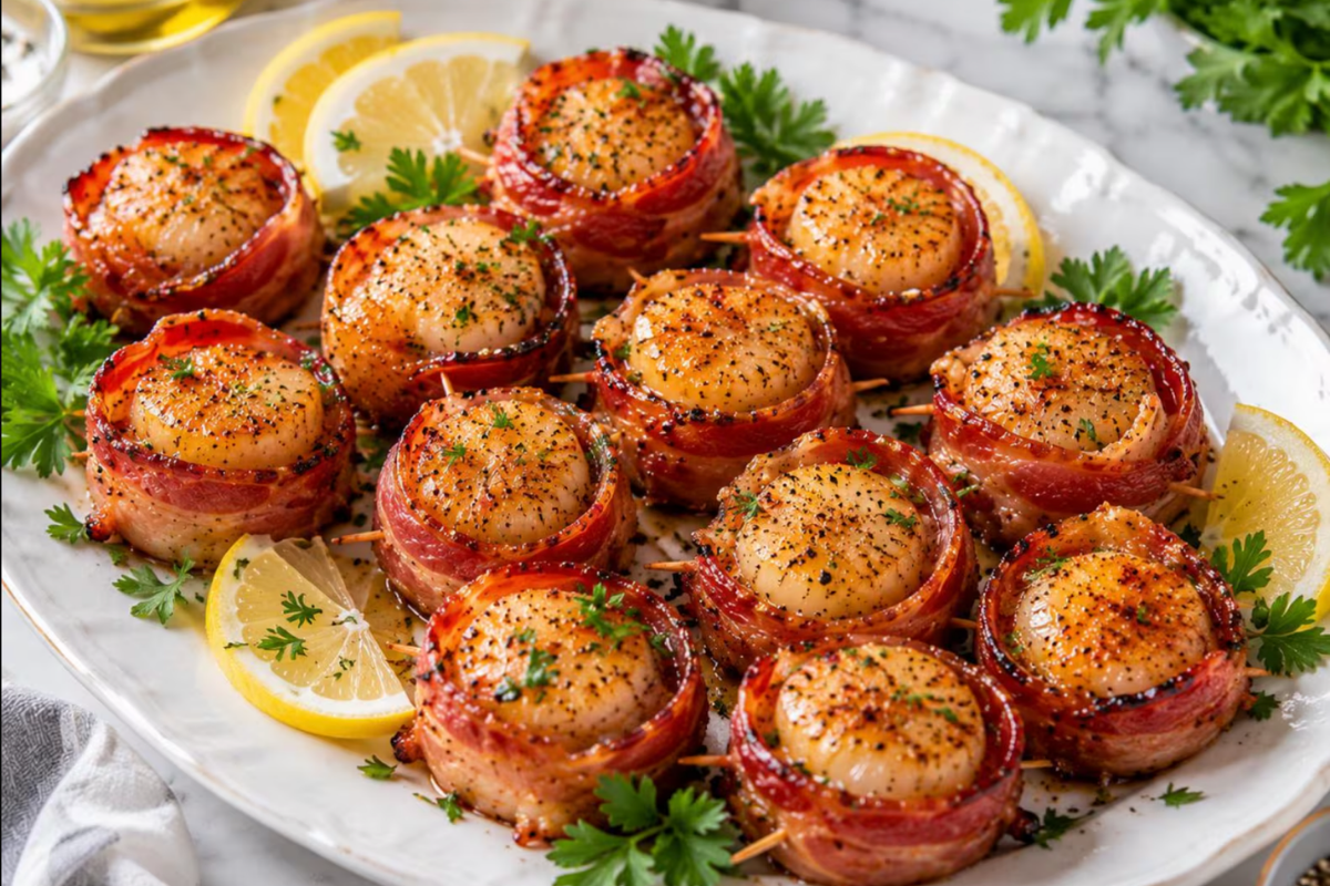 Platter of bacon wrapped scallops garnished with lemon slices and fresh parsley ready to serve