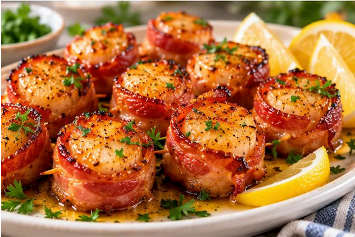 Crispy bacon wrapped scallops served with lemon wedges and herbs on a platter