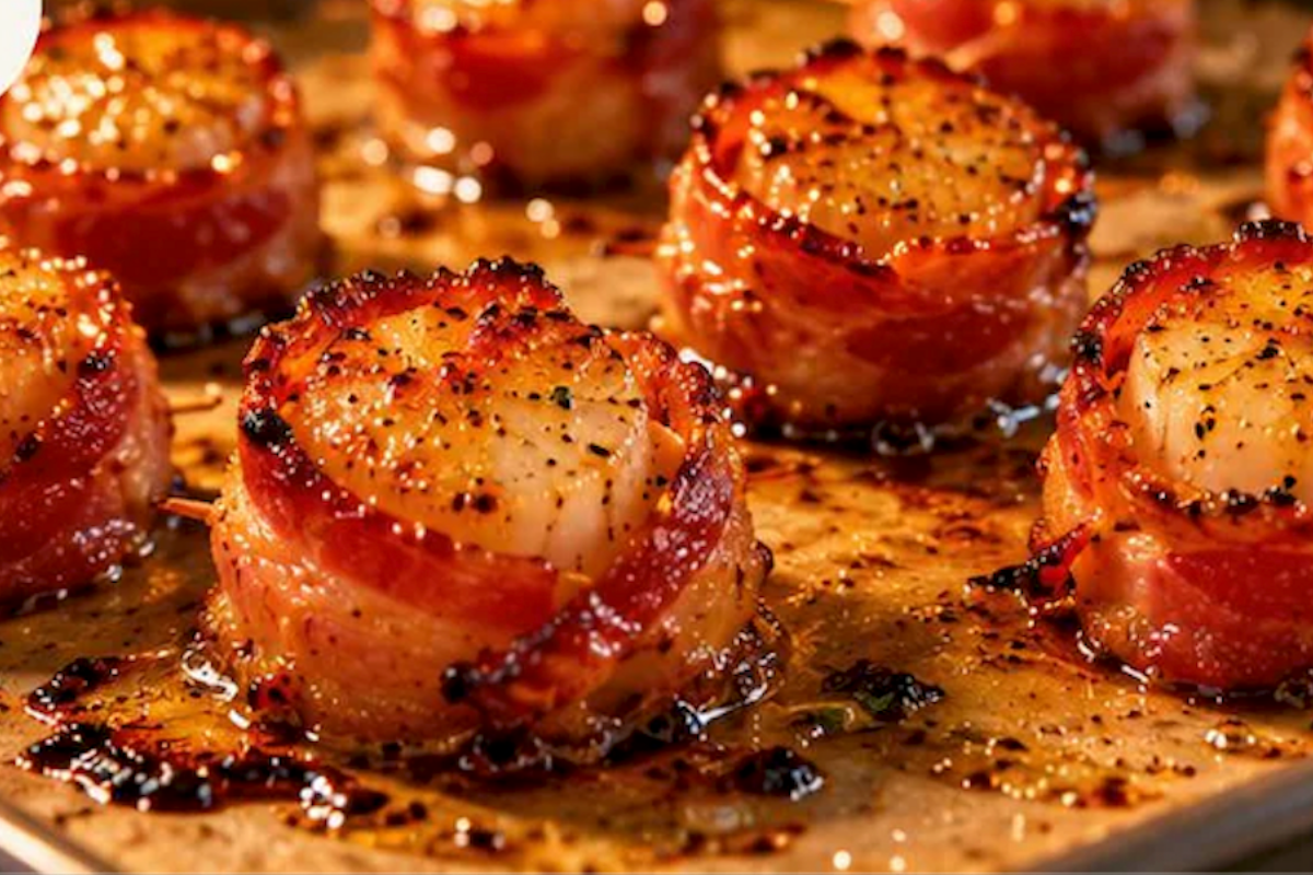Close-up of golden bacon wrapped scallops with crispy bacon and tender scallops fresh from the oven