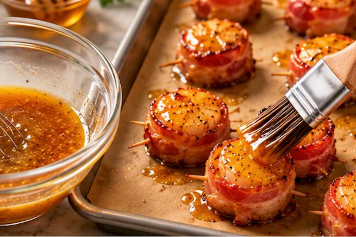 Garlic butter glaze being brushed onto hot bacon wrapped scallops after baking
