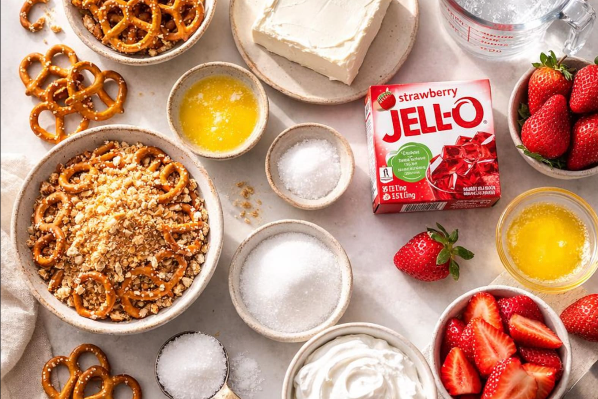 Ingredients for Strawberry Pretzel Salad including pretzels, cream cheese, whipped topping, strawberries, butter, sugar, and strawberry gelatin