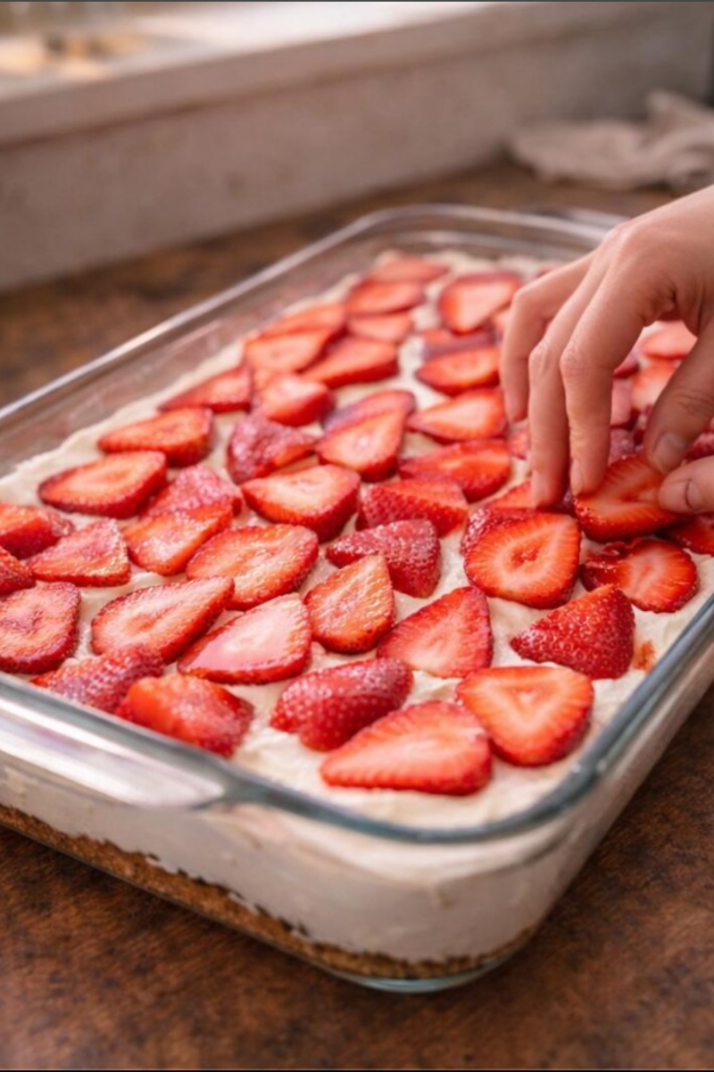 Fresh sliced strawberries arranged over the chilled cream cheese layer
