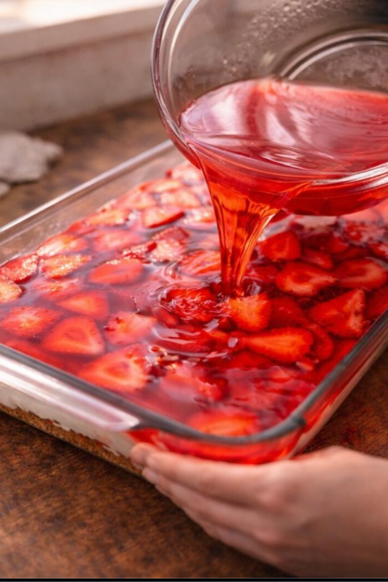Cooled strawberry gelatin being poured over sliced strawberries in a baking dish