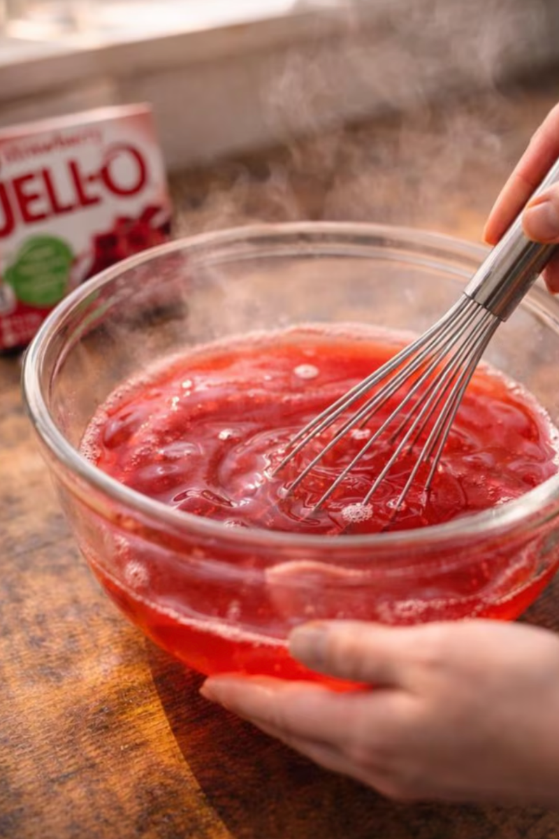 Strawberry gelatin being whisked with boiling water until dissolved