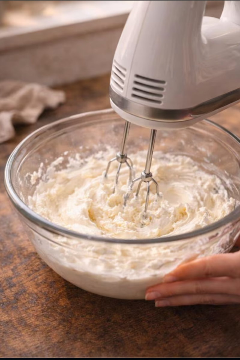 Cream cheese and sugar being whipped together for Strawberry Pretzel Salad filling