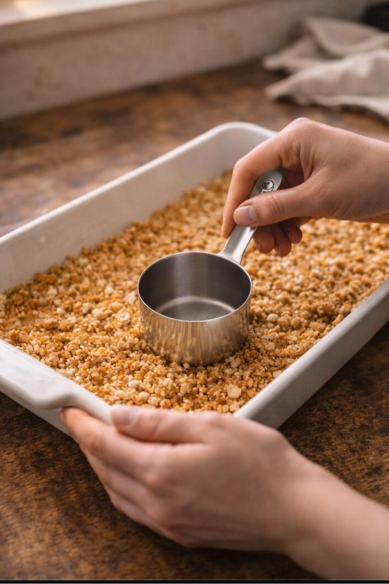 Pretzel crust mixture being pressed firmly into a 9x13 baking dish