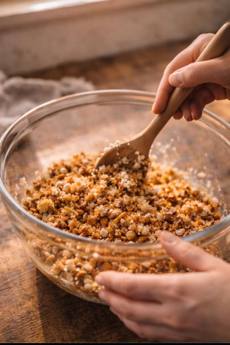 Crushed pretzels mixed with melted butter and sugar for Strawberry Pretzel Salad crust