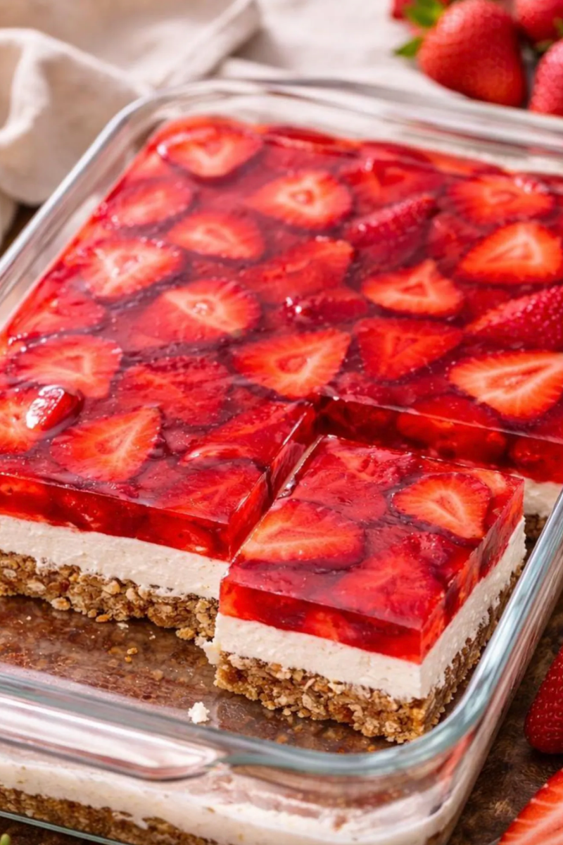 Finished Strawberry Pretzel Salad in a baking dish with strawberry gelatin topping