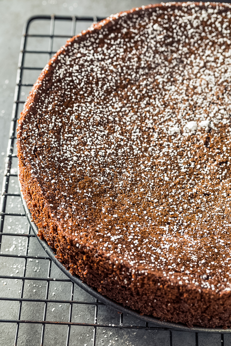 “Rich chocolate olive oil cake dusted with powdered sugar”
