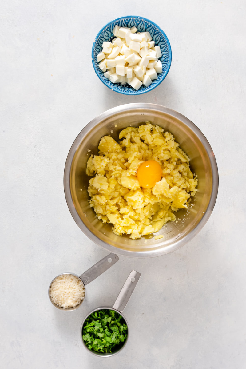 ingredients for mozzarella-stuffed potato croquettes