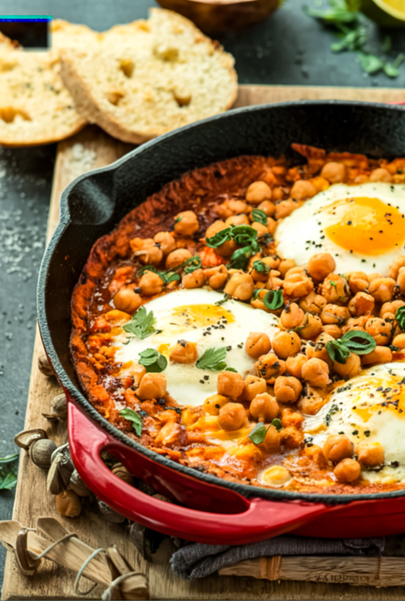 Shakshuka with Chickpeas in a skillet topped with poached eggs and fresh cilantro”