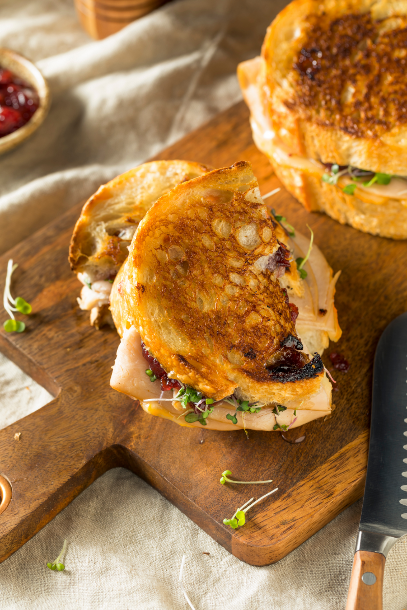 Grilled turkey panini with melted cheese and crispy golden bread served with fresh salad.