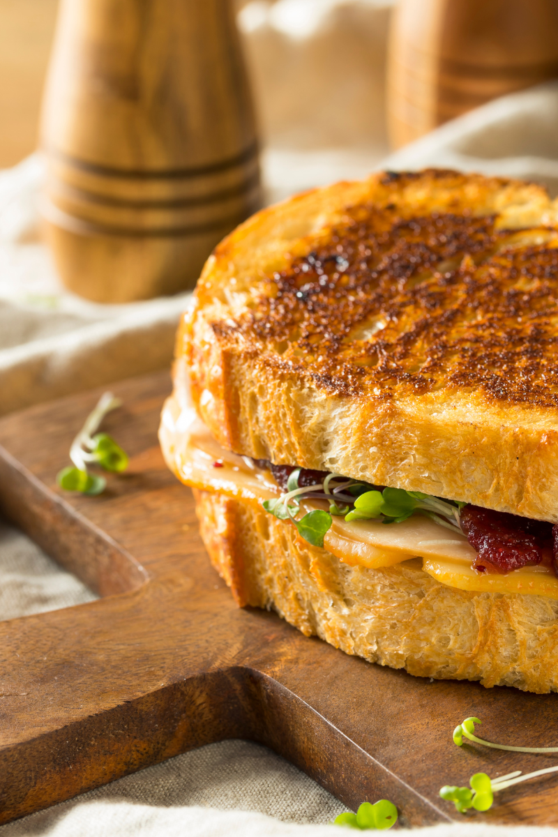 Grilled turkey panini with melted cheese and crispy golden bread served with fresh salad.
