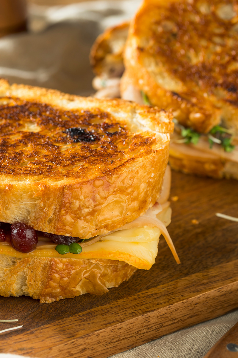 Grilled turkey panini with melted cheese and crispy golden bread served with fresh salad.