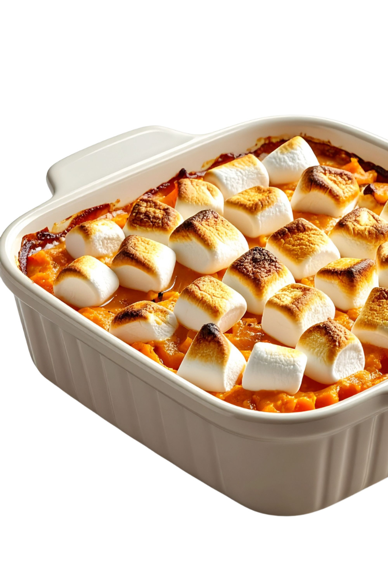 Baked sweet potato casserole in a casserole dish with golden toasted marshmallows on top.