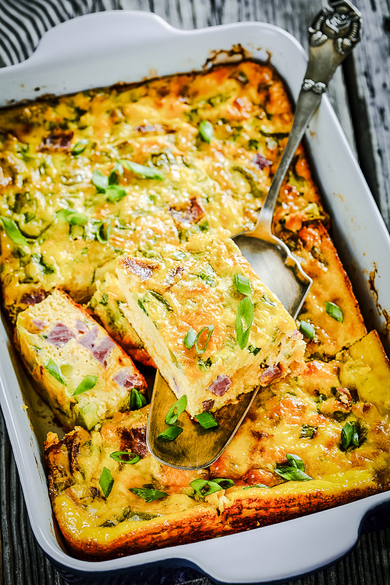 oven baked denver omelette with ham peppers onions and melted cheese
