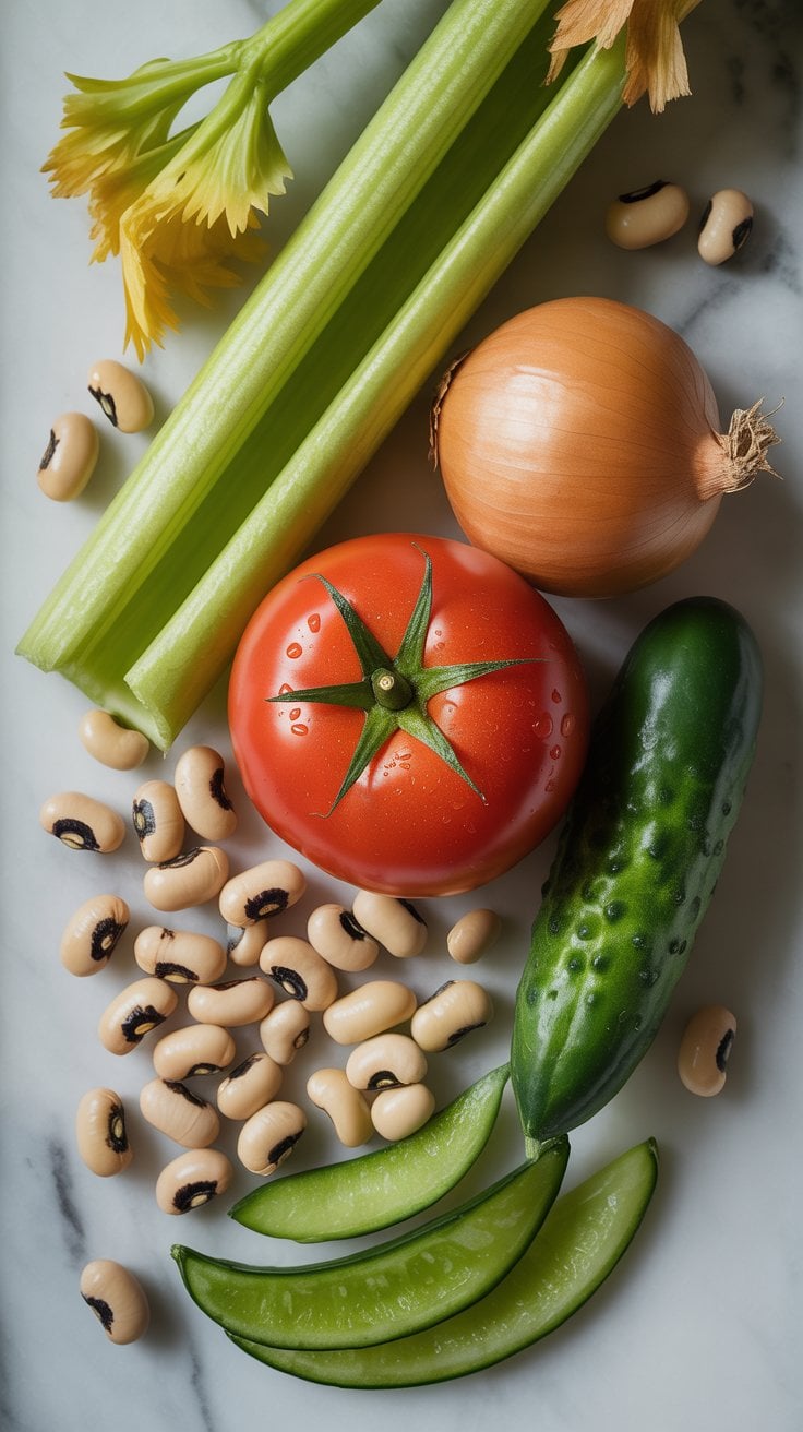 Fresh ingredients for Mediterranean black-eyed pea salad including black-eyed peas, cherry tomatoes, cucumber, bell pepper, celery, and red onion
