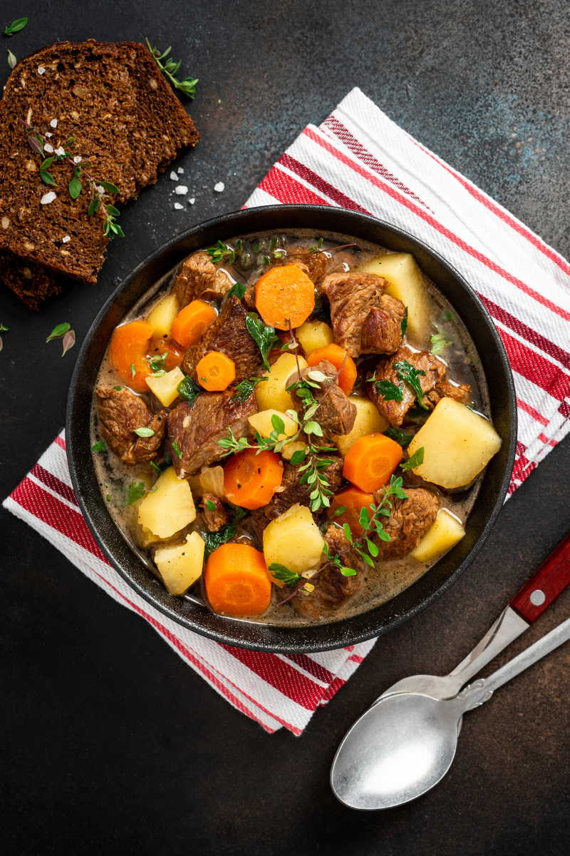 Traditional Irish beef stew served in a bowl, slow-cooked beef and vegetables in a hearty broth