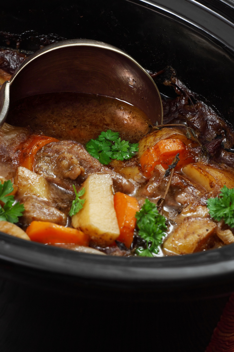 Homemade Irish beef stew in a bowl, comfort-food dinner with beef, potatoes, and carrots