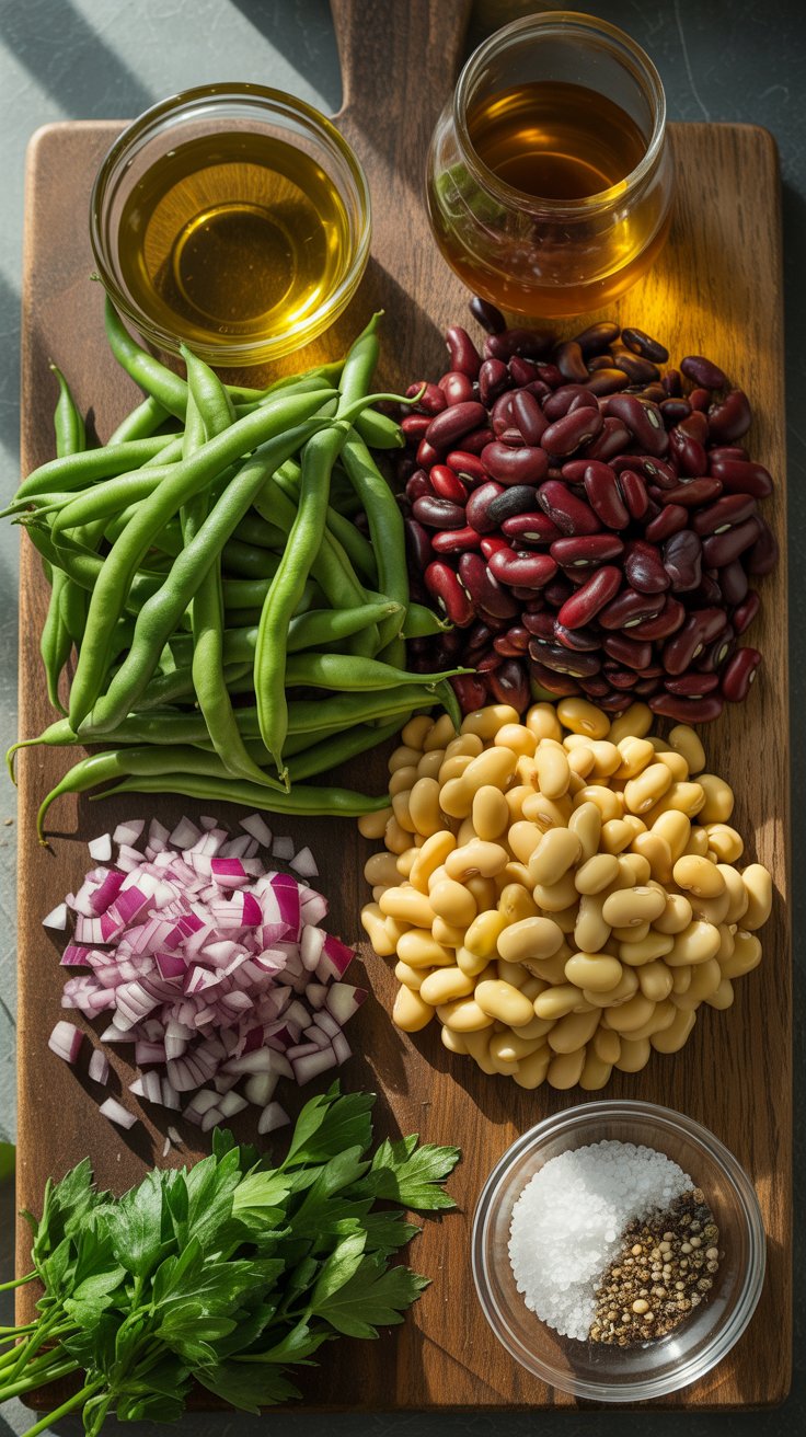 Ingredients for 3 Bean Salad including fresh green beans, kidney beans, white beans, red onion, parsley, olive oil, vinegar, salt, and black pepper on a wooden board