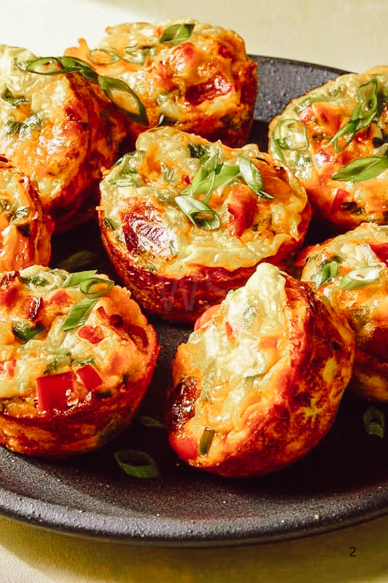 High protein air fryer egg muffins with cottage cheese, diced red peppers, melted cheese, and sliced green onions, served golden and fluffy on a dark plate.