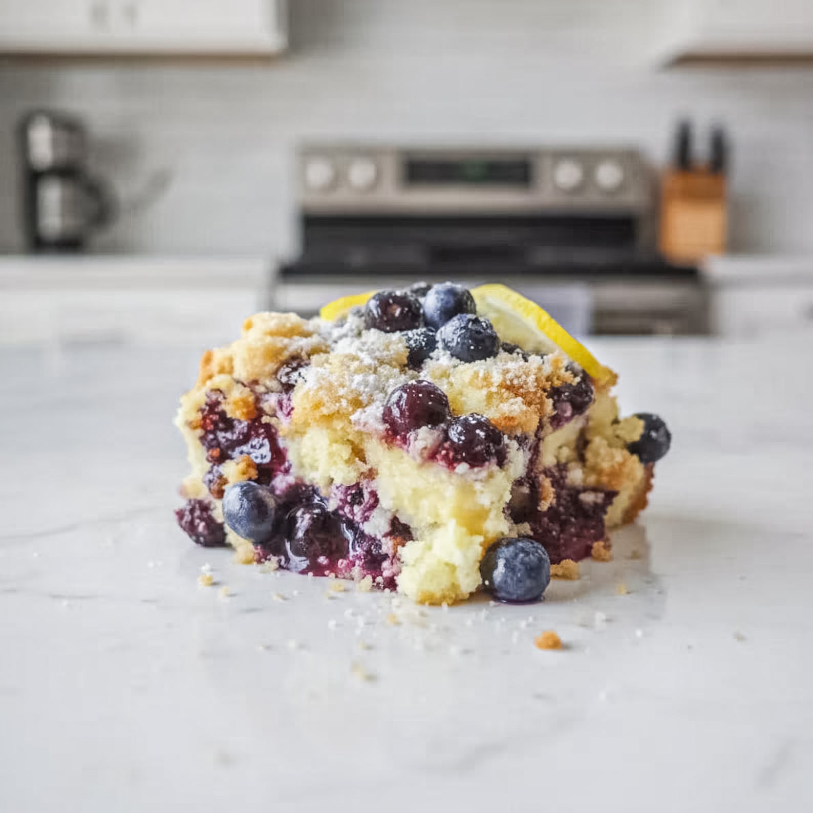 Blueberry lemon cheesecake dump cake square on a kitchen counter, topped with fresh blueberries, powdered sugar, and a lemon slice, showing creamy layers and juicy berry filling.