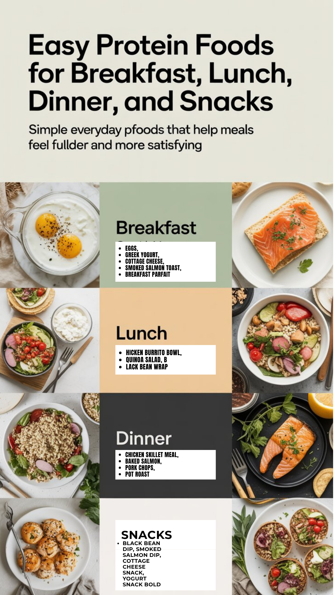Protein foods list featured image showing eggs, Greek yogurt, cottage cheese, chicken, salmon, and black beans as easy everyday protein foods.